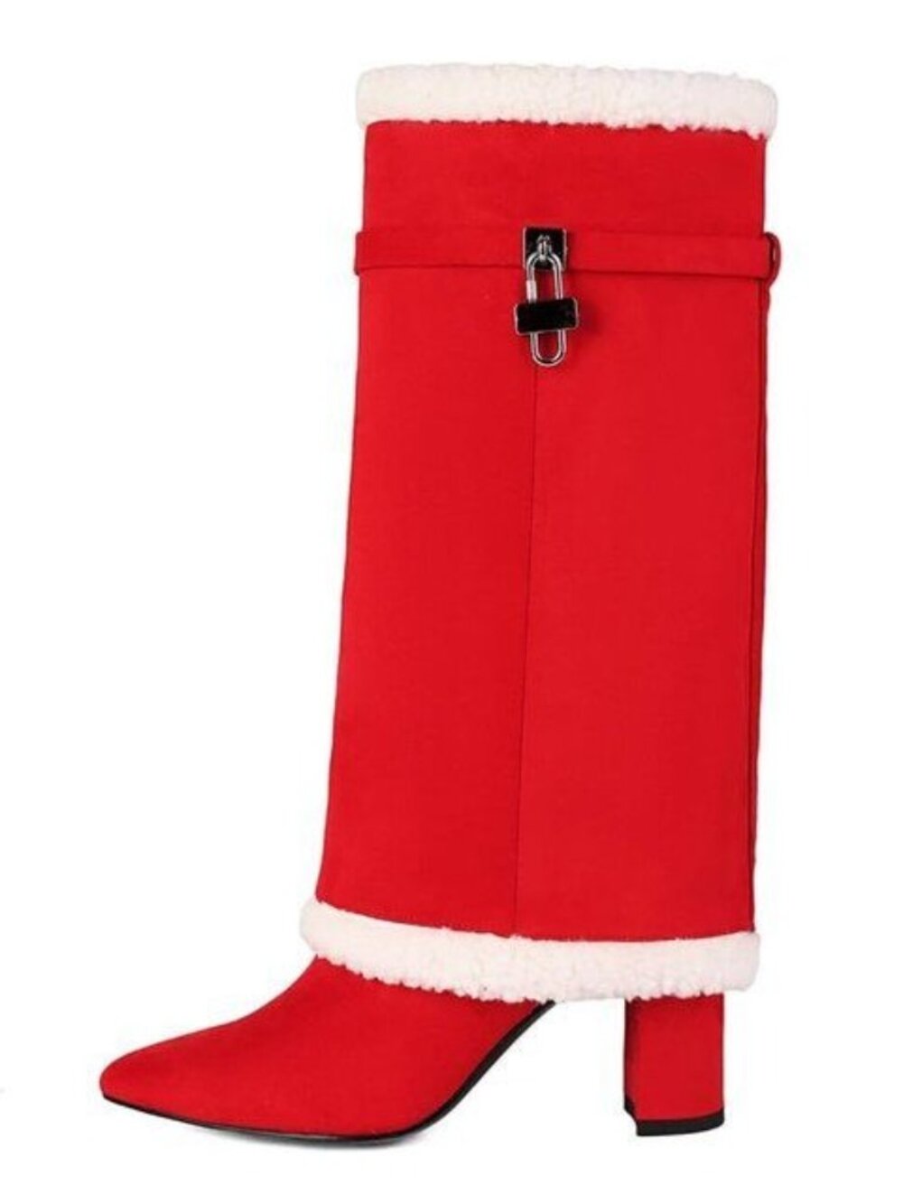 AIJIVOU Size 9.5 Boots Red Fold Over Padlock Mid Calf Pointed Toe Fur Trim
